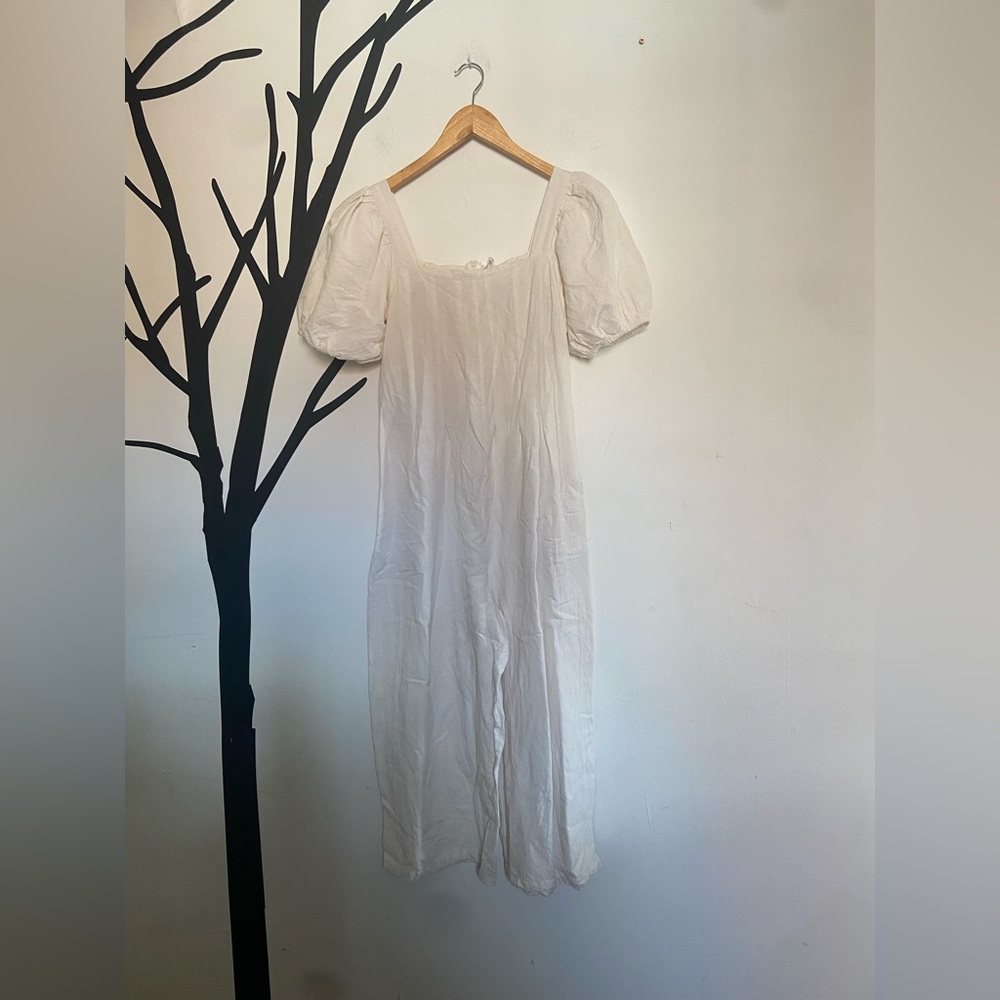 MNG Mango puff sleeve cotton long jumpsuit, cream viscose/cotton/linen blend - Picture 9 of 17